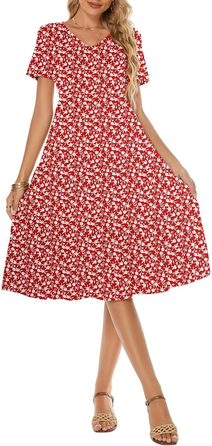 Berydress Women's Casual Summer Tiered Midi Dress 2025 Short Sleeve V-Neck Loose Cotton Ruffle Babydoll Dress Boho Sundress