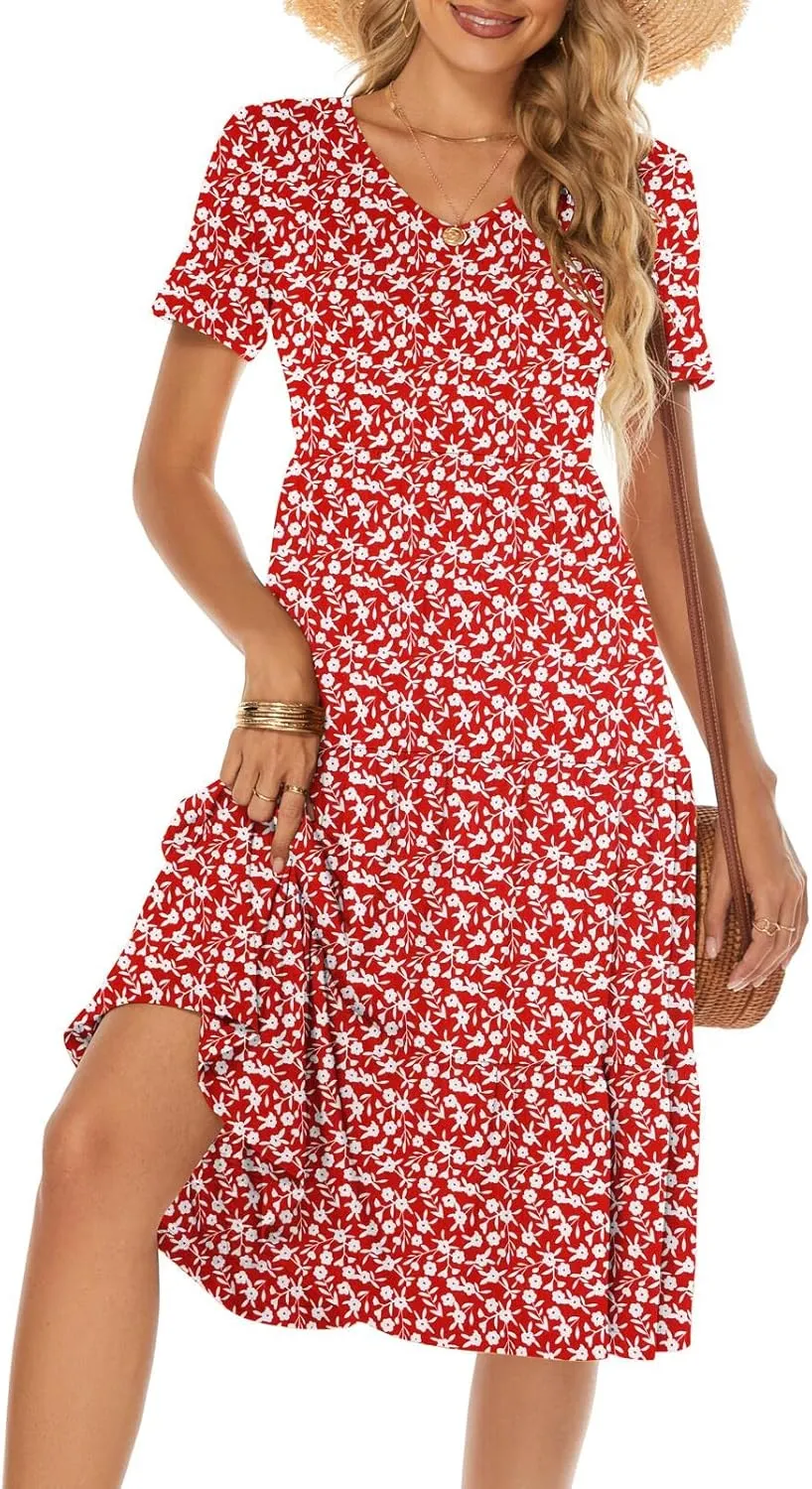 Berydress Women's Casual Summer Tiered Midi Dress 2025 Short Sleeve V-Neck Loose Cotton Ruffle Babydoll Dress Boho Sundress