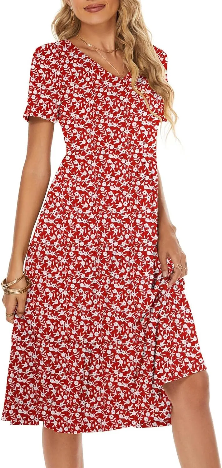 Berydress Women's Casual Summer Tiered Midi Dress 2025 Short Sleeve V-Neck Loose Cotton Ruffle Babydoll Dress Boho Sundress