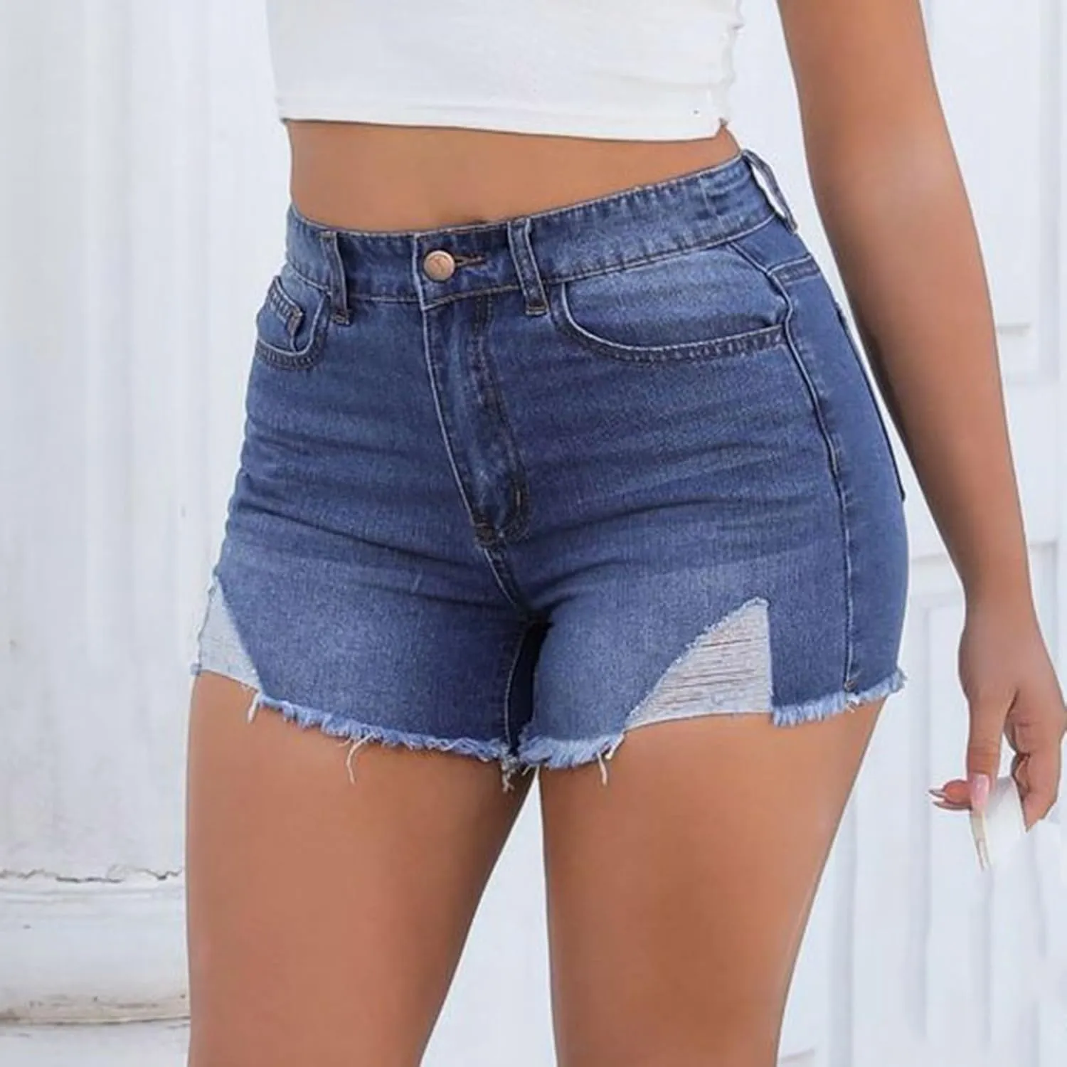 Blue Jeans Shorts For Women Stretchy Frayed Raw Hem High Waisted Denim Shorts Summer Distressed Ripped Short Jeans