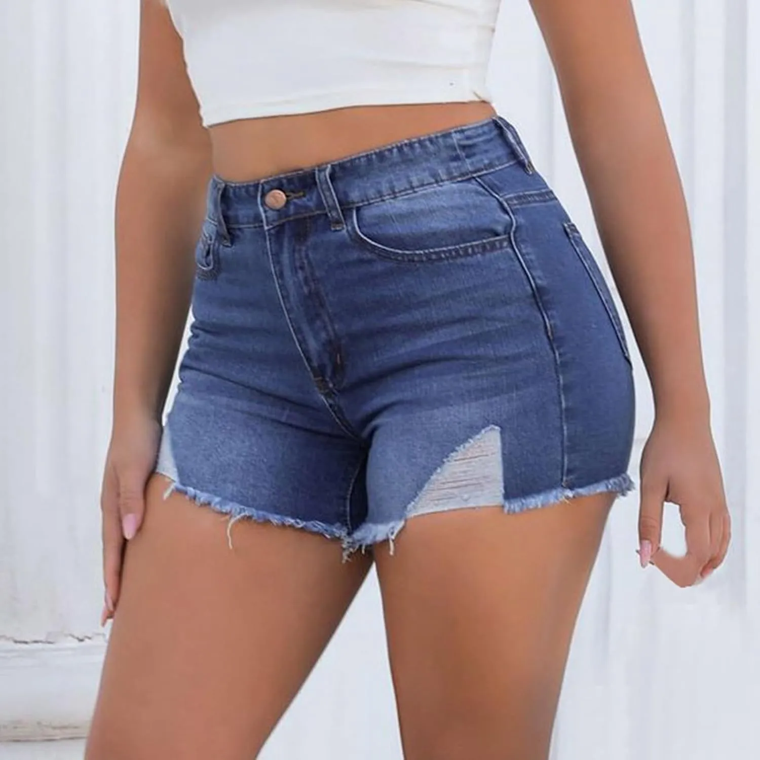 Blue Jeans Shorts For Women Stretchy Frayed Raw Hem High Waisted Denim Shorts Summer Distressed Ripped Short Jeans