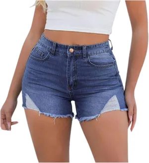 Blue Jeans Shorts For Women Stretchy Frayed Raw Hem High Waisted Denim Shorts Summer Distressed Ripped Short Jeans