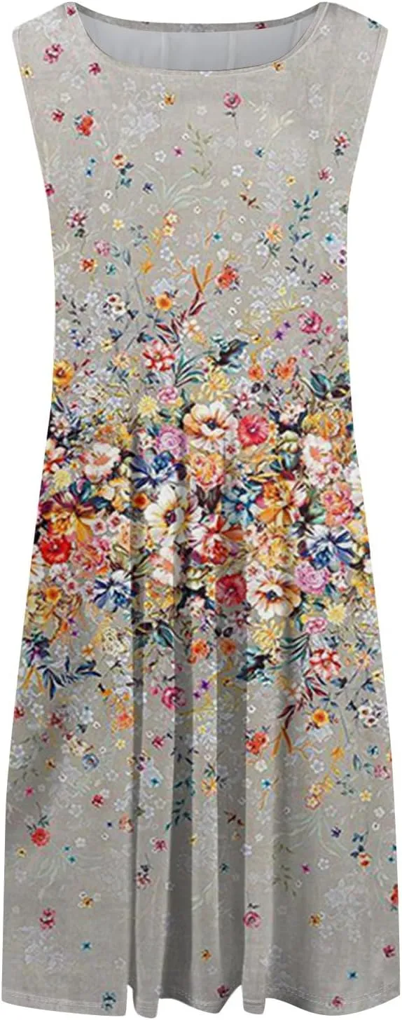 Boho Dress Summer Tank Top Dresses Sun Dresses Smocked Sleeveless Floral Dress Elegant Ruched Midi with Pocket