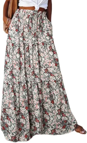 Boho Maxi Skirts for Women 2025 Casual Bohemian Tiered Long Pleated Skirt Hippie High Waisted Aline Beach Flowy Skirt