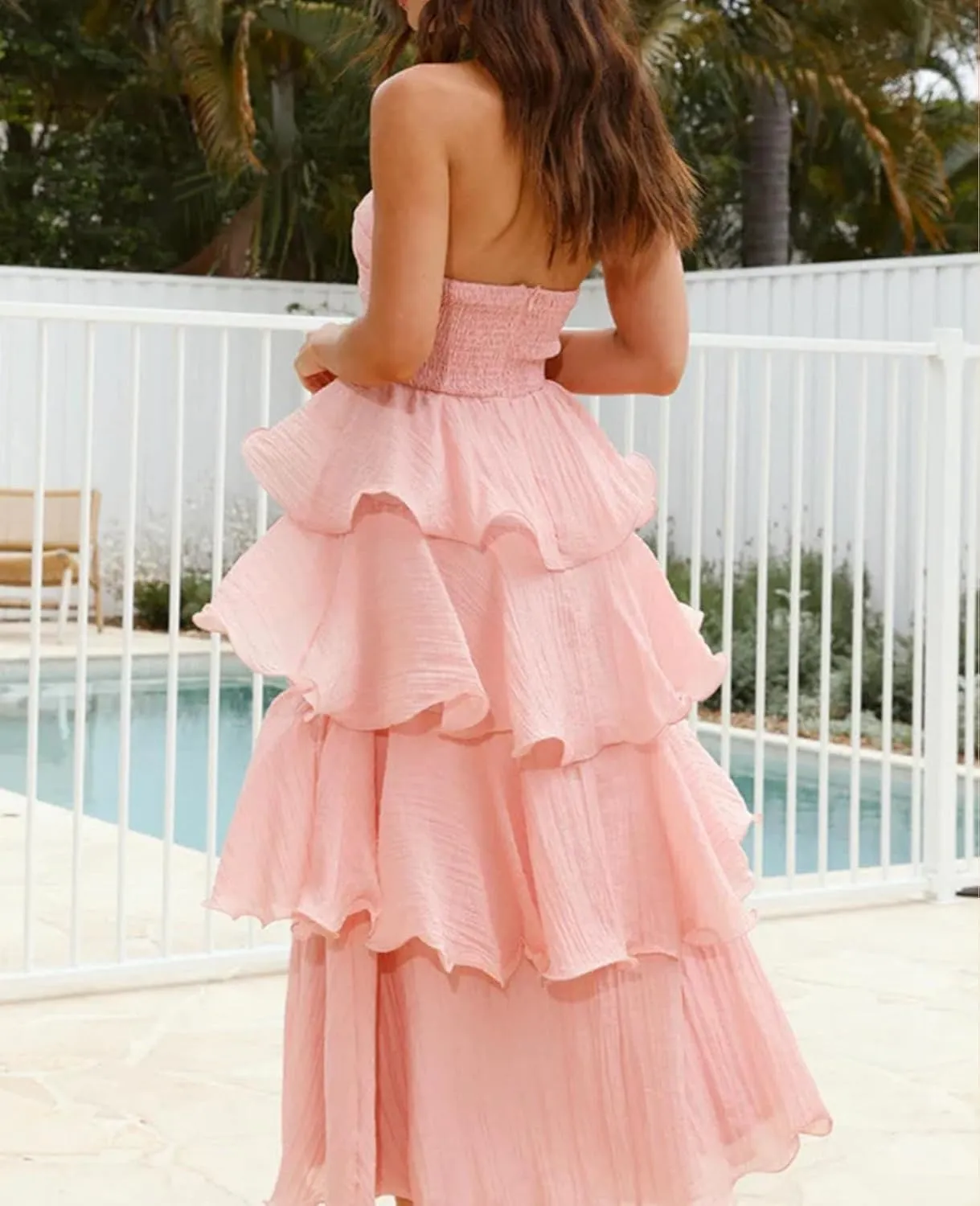 Bonnorth Womens Summer Strapless Maxi Dress Ruffle Tiered Solid Backless Smocked Elegant Flowy Beach Long Dresses