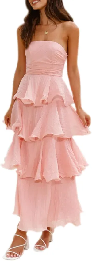 Bonnorth Womens Summer Strapless Maxi Dress Ruffle Tiered Solid Backless Smocked Elegant Flowy Beach Long Dresses
