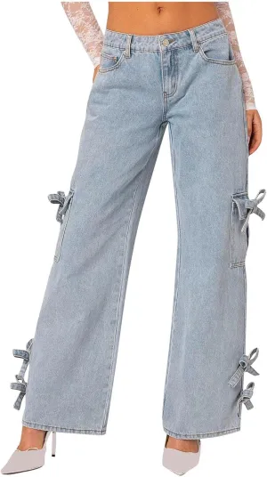 Bow Tie Jeans for Women Wide Leg Denim Relaxed Casual Pants Trendy Ripped Daily Wear Travel Vacation Outfits Fall