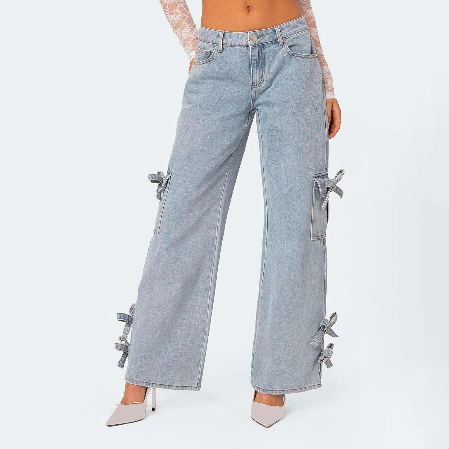 Bow Tie Jeans for Women Wide Leg Denim Relaxed Casual Pants Trendy Ripped Daily Wear Travel Vacation Outfits Fall
