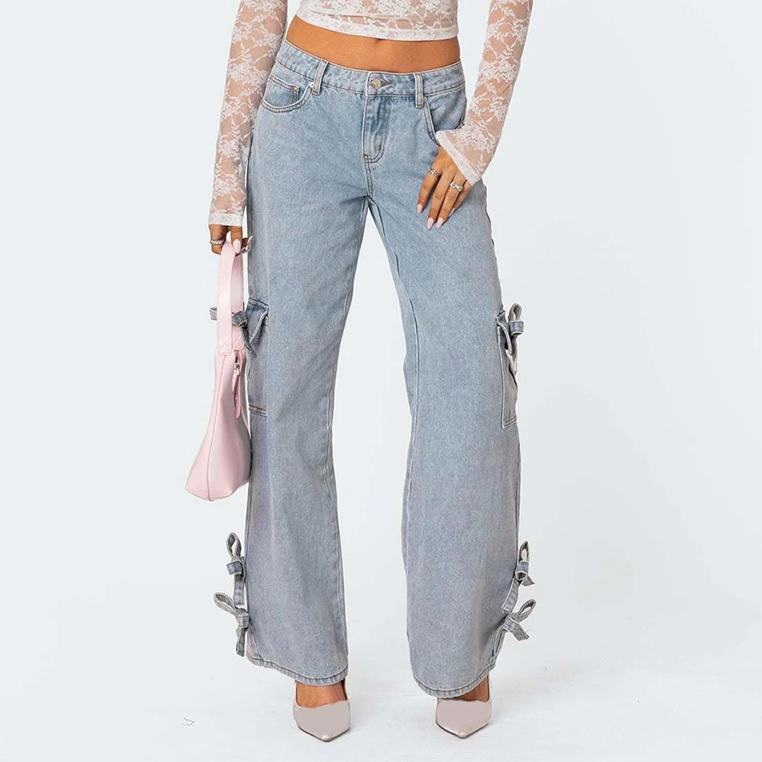 Bow Tie Jeans for Women Wide Leg Denim Relaxed Casual Pants Trendy Ripped Daily Wear Travel Vacation Outfits Fall