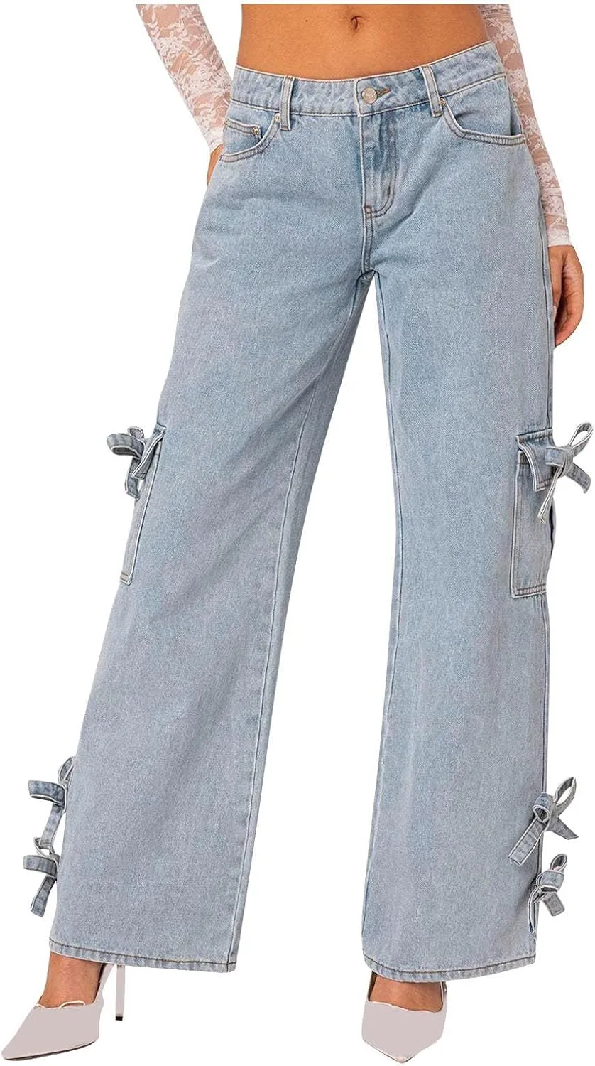 Bow Tie Jeans for Women Wide Leg Denim Relaxed Casual Pants Trendy Ripped Daily Wear Travel Vacation Outfits Fall