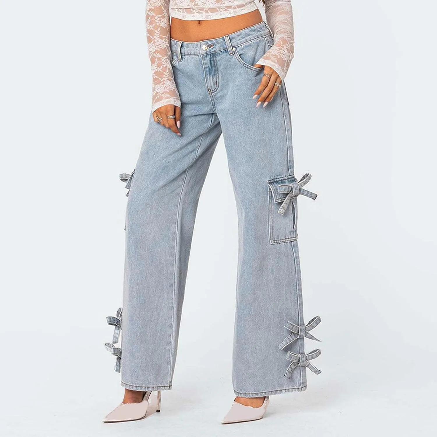 Bow Tie Jeans for Women Wide Leg Denim Relaxed Casual Pants Trendy Ripped Daily Wear Travel Vacation Outfits Fall