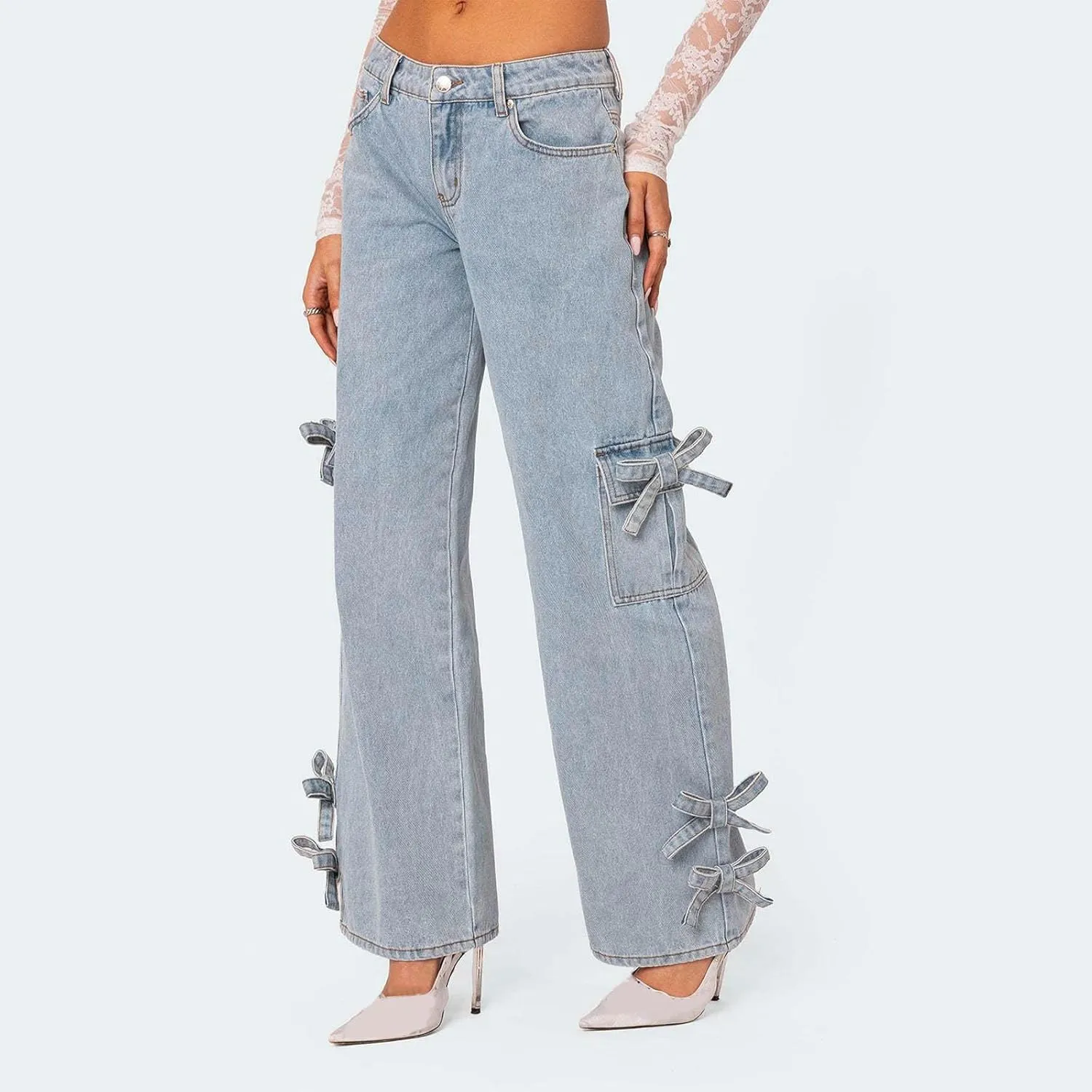Bow Tie Jeans for Women Wide Leg Denim Relaxed Casual Pants Trendy Ripped Daily Wear Travel Vacation Outfits Fall