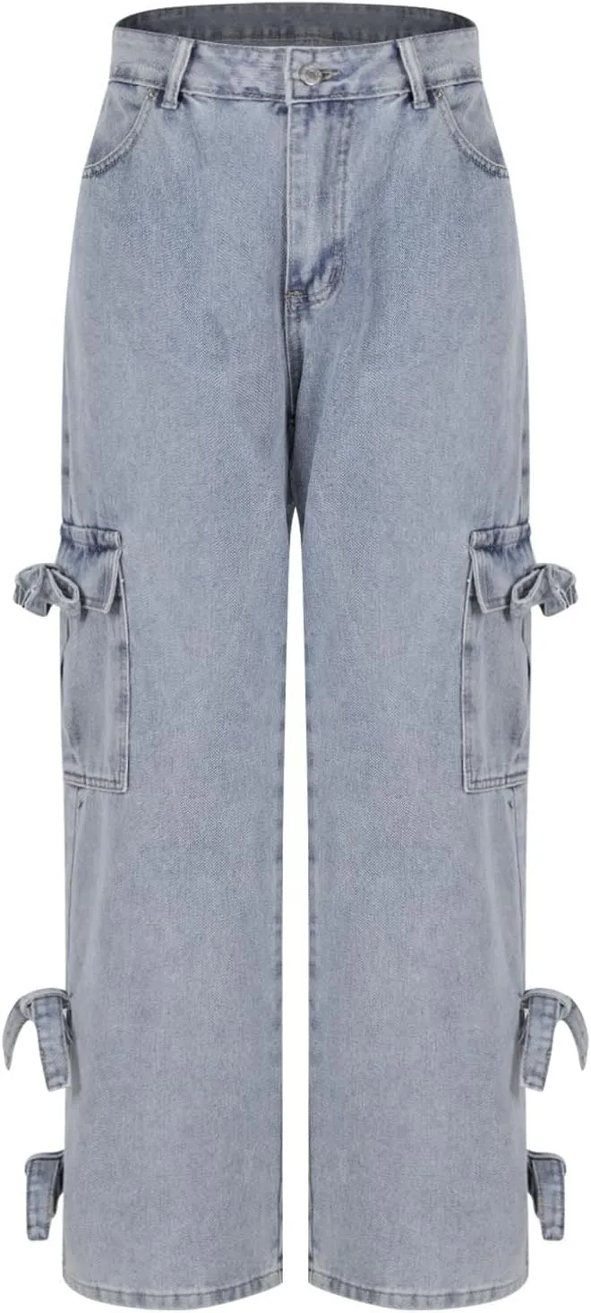 Bow Tie Jeans for Women Wide Leg Denim Relaxed Casual Pants Trendy Ripped Daily Wear Travel Vacation Outfits Fall