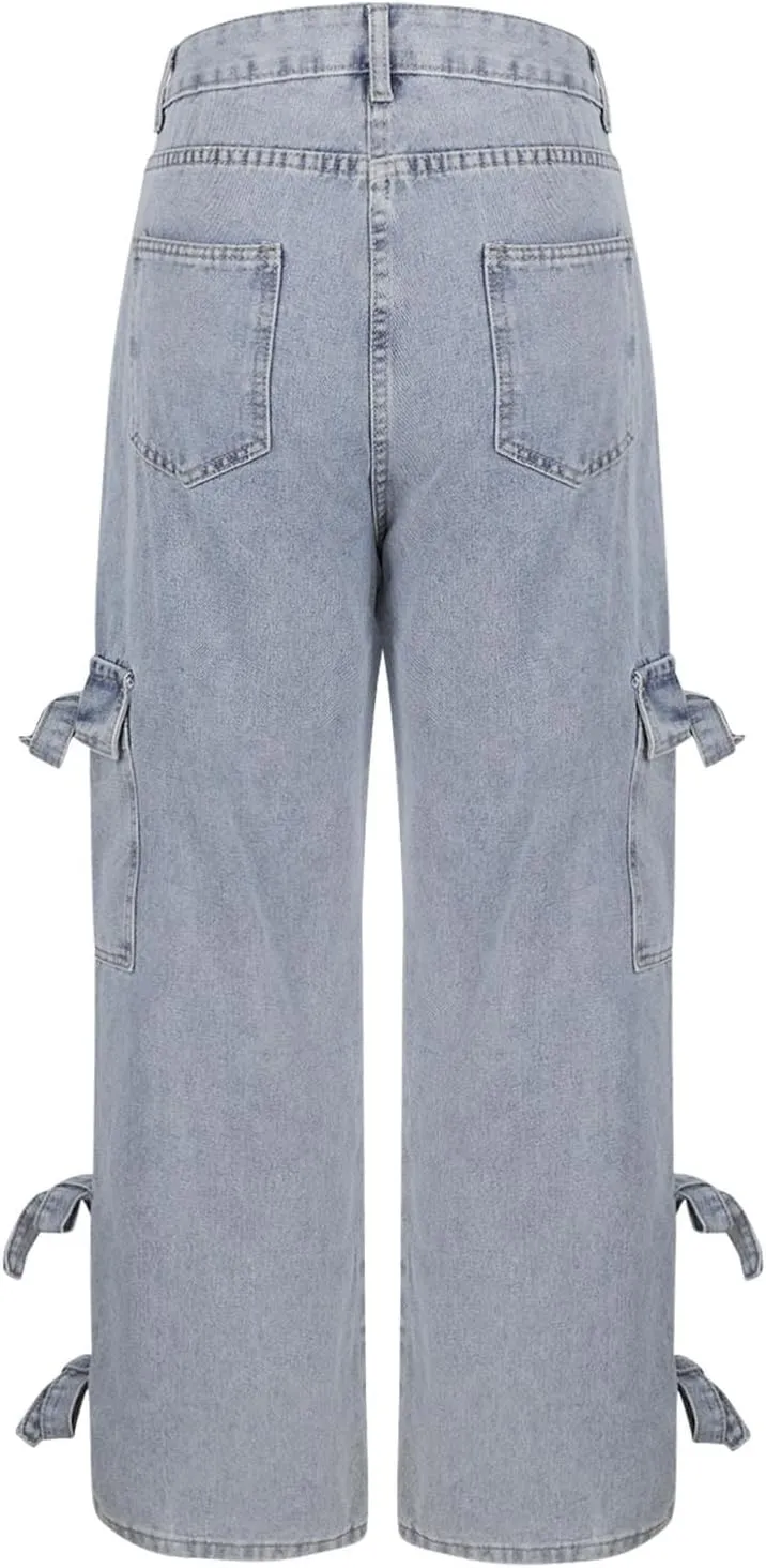 Bow Tie Jeans for Women Wide Leg Denim Relaxed Casual Pants Trendy Ripped Daily Wear Travel Vacation Outfits Fall