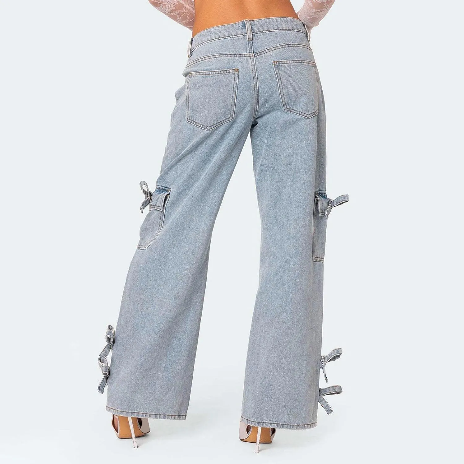 Bow Tie Jeans for Women Wide Leg Denim Relaxed Casual Pants Trendy Ripped Daily Wear Travel Vacation Outfits Fall