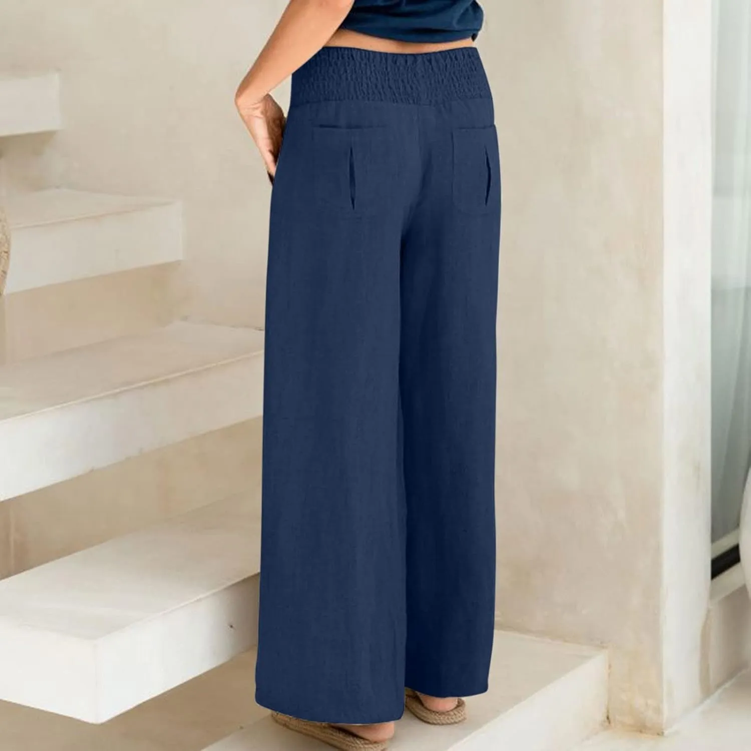 BTDECLAR Women‘s Linen Pants Elastic High Waist Trousers Lightweight Comfy Casual Loose Straight Leg Pants with Pockets