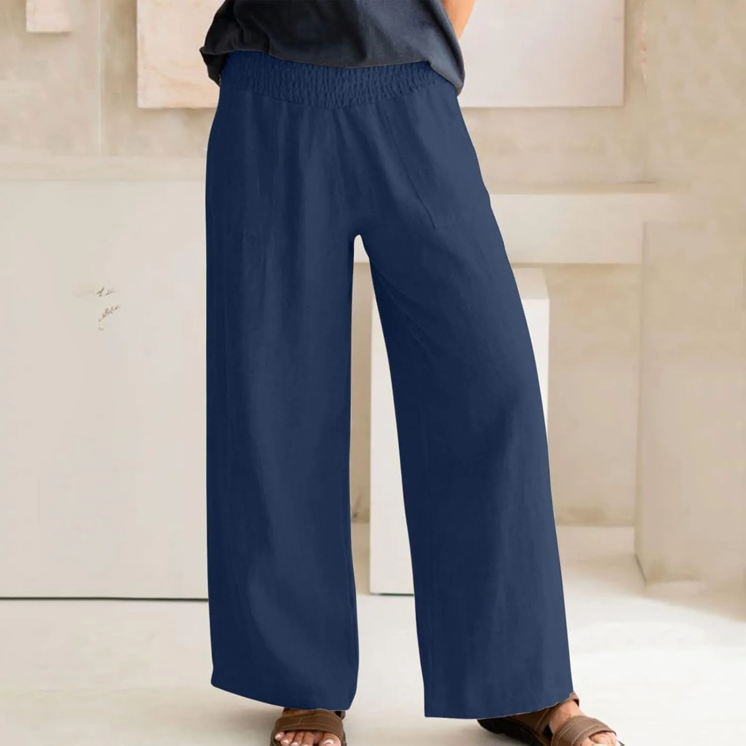 BTDECLAR Women‘s Linen Pants Elastic High Waist Trousers Lightweight Comfy Casual Loose Straight Leg Pants with Pockets