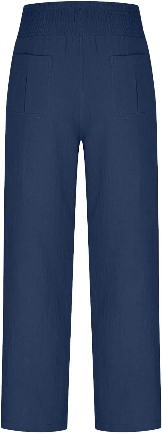 BTDECLAR Women‘s Linen Pants Elastic High Waist Trousers Lightweight Comfy Casual Loose Straight Leg Pants with Pockets
