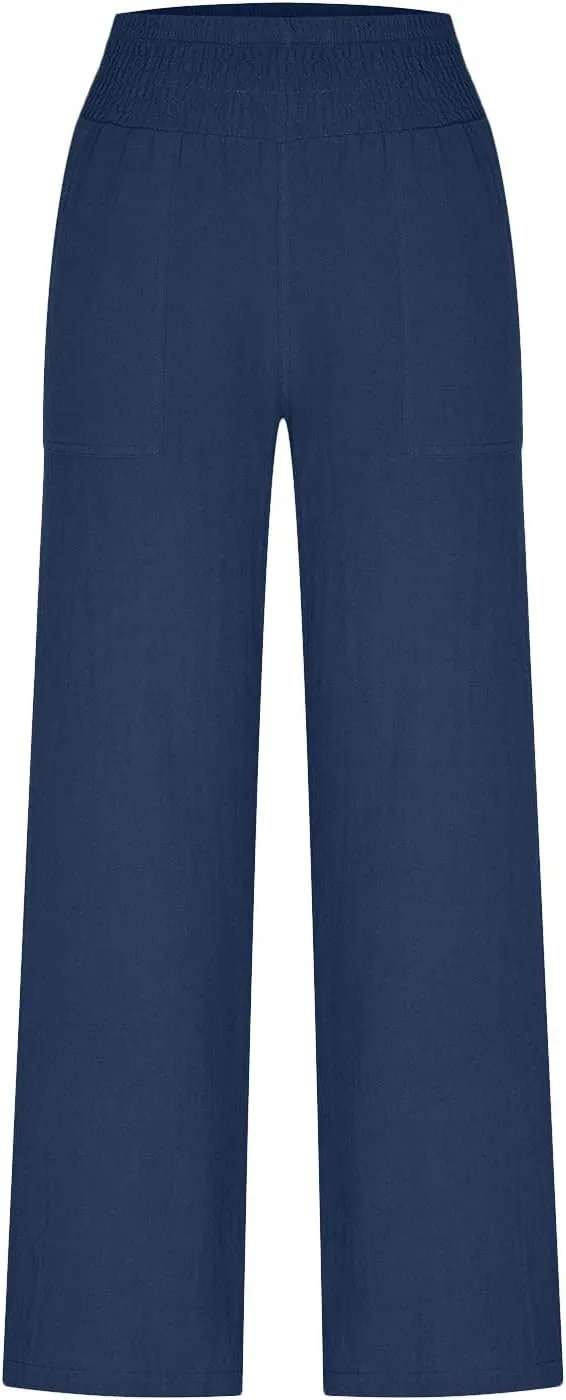 BTDECLAR Women‘s Linen Pants Elastic High Waist Trousers Lightweight Comfy Casual Loose Straight Leg Pants with Pockets