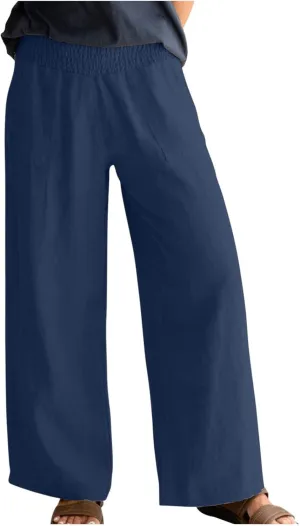 BTDECLAR Women‘s Linen Pants Elastic High Waist Trousers Lightweight Comfy Casual Loose Straight Leg Pants with Pockets