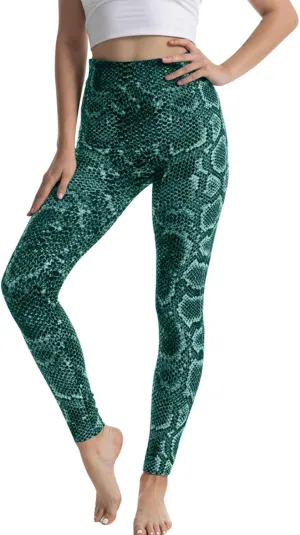 Casual Leggings for Women High Waist Printed Tummy Control Butt Lifting Pants Elastic Waist Causal Funny Fitted Workout Patterned Athletic Compression for sets fleece Snake Pattern O47-Green