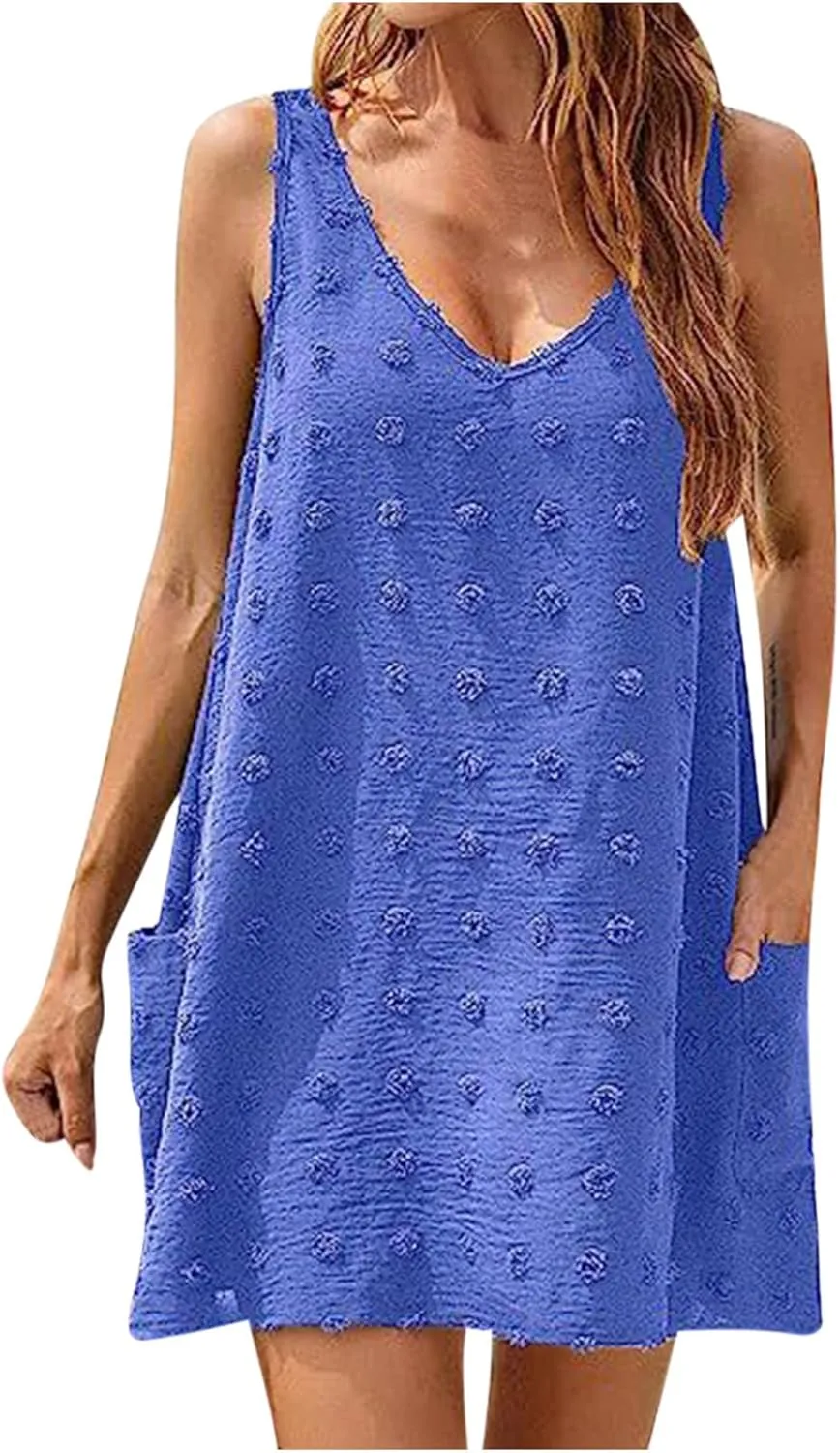 Ceboyel Women Swiss Dots Mini Short Dress V Neck Summer Beach Dresses Sleeveless Pocket Cute Sundress Trendy Causal Clothing