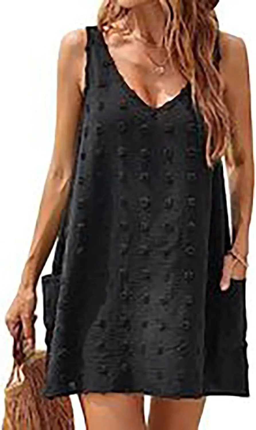 Ceboyel Women Swiss Dots Mini Short Dress V Neck Summer Beach Dresses Sleeveless Pocket Cute Sundress Trendy Causal Clothing
