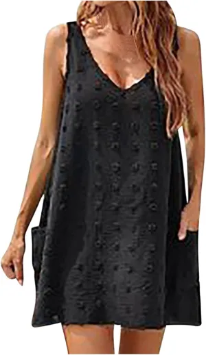 Ceboyel Women Swiss Dots Mini Short Dress V Neck Summer Beach Dresses Sleeveless Pocket Cute Sundress Trendy Causal Clothing