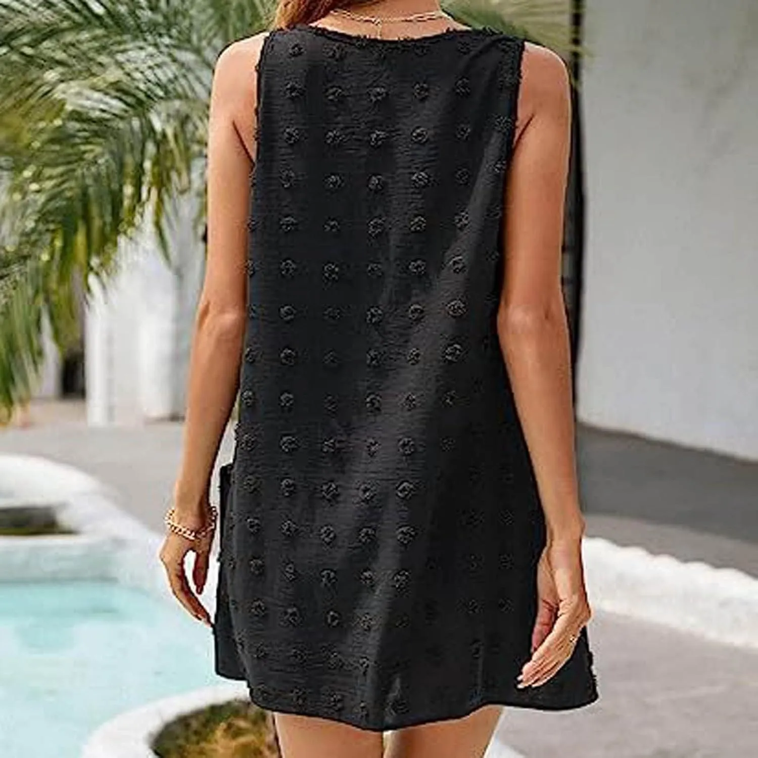 Ceboyel Women Swiss Dots Mini Short Dress V Neck Summer Beach Dresses Sleeveless Pocket Cute Sundress Trendy Causal Clothing