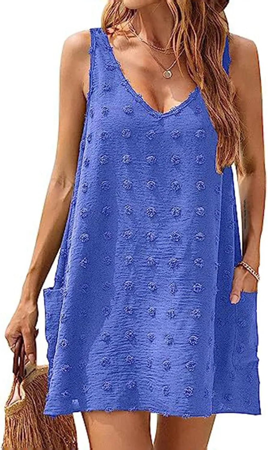 Ceboyel Women Swiss Dots Mini Short Dress V Neck Summer Beach Dresses Sleeveless Pocket Cute Sundress Trendy Causal Clothing