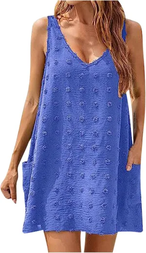 Ceboyel Women Swiss Dots Mini Short Dress V Neck Summer Beach Dresses Sleeveless Pocket Cute Sundress Trendy Causal Clothing