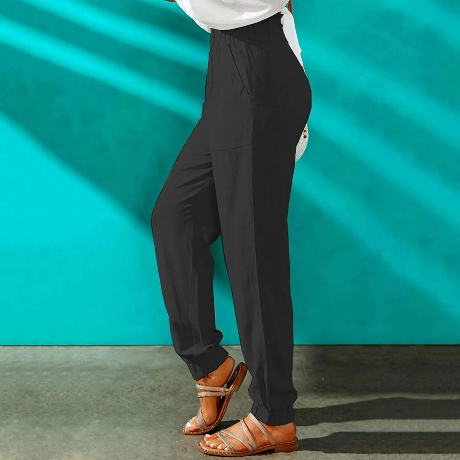 Ceboyel Women's High Waist Linen Pants Beach Casual Tapered Pants Elastic Waist Lounge Trouser Summer Outfits with Pockets