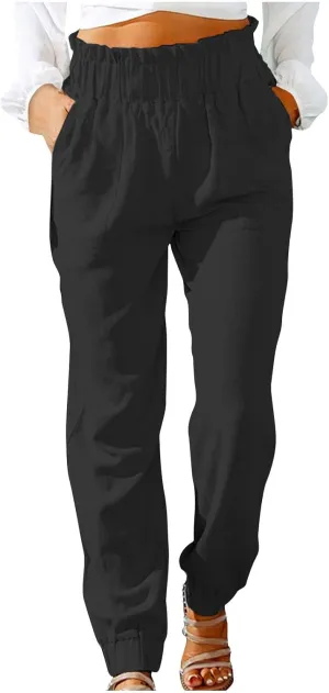 Ceboyel Women's High Waist Linen Pants Beach Casual Tapered Pants Elastic Waist Lounge Trouser Summer Outfits with Pockets