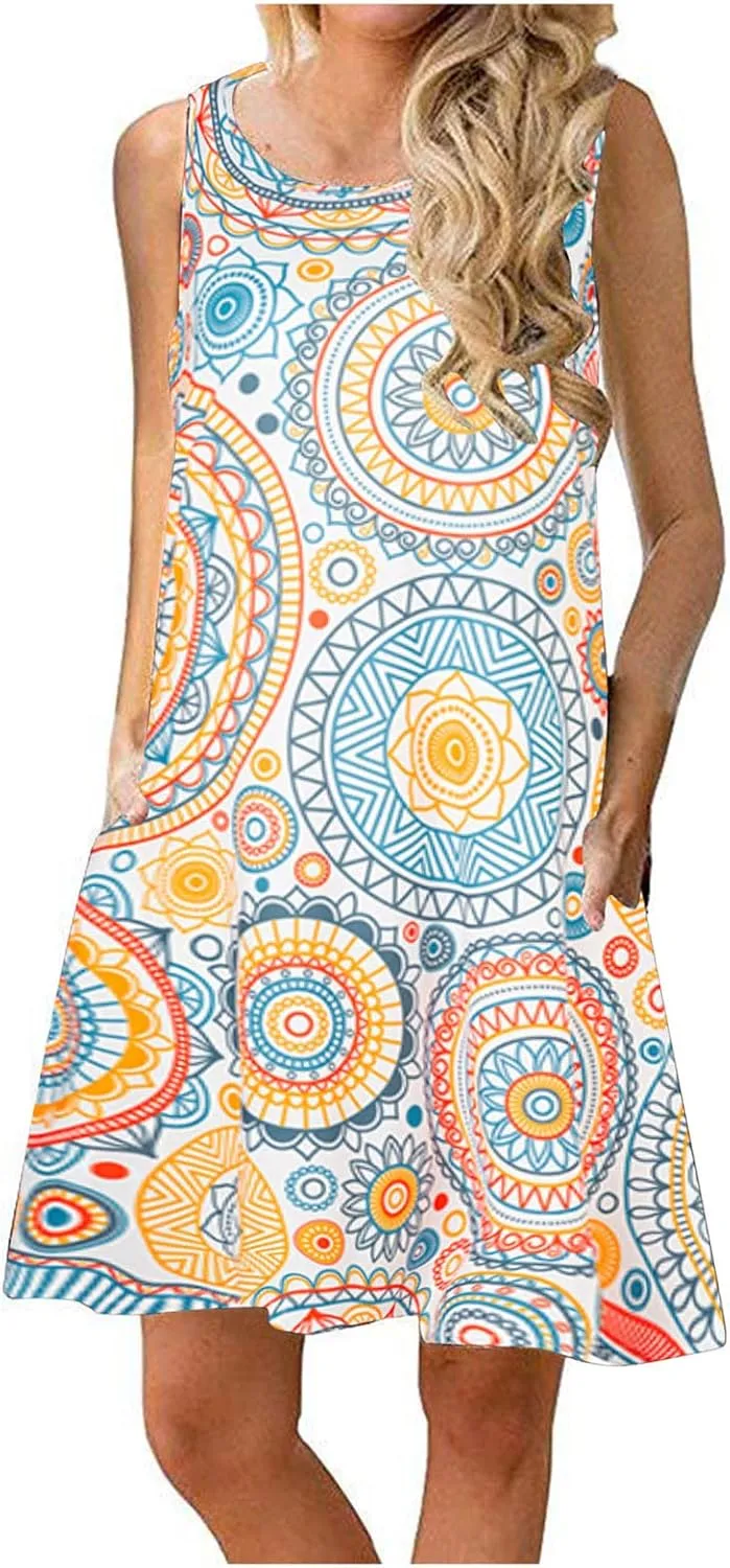 Ceboyel Womens Marble Print Summer Sundresses Sleeveless Casual Dresses Swing Short Dress Trendy Beach Vacation Clothing 2023