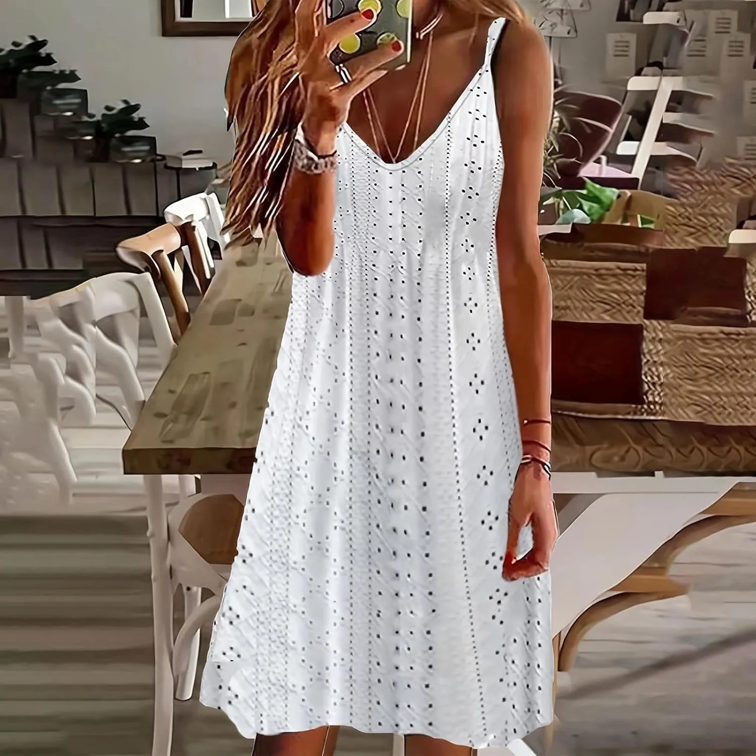 Ceboyel Womens Spaghetti Straps Summer Sundresses Eyelet Embroidery Dress Sleeveless Casual Dresses Trendy Boho Clothes 2024