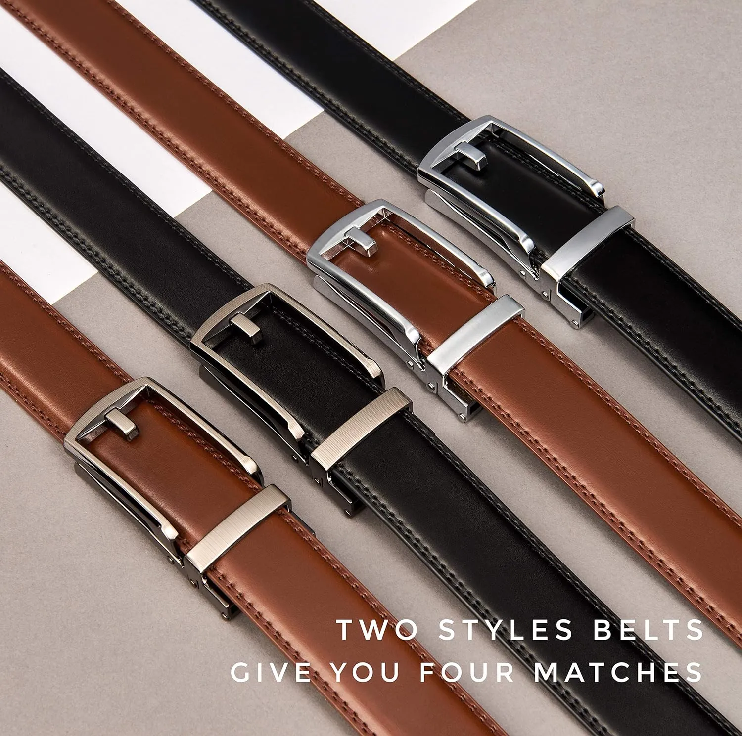 CHAOREN Click Belts for Men 2 Pack - Mens Ratchet Leather Belt 1 3/8" for Dress and Casual - Micro Adjustable Belt Fit
