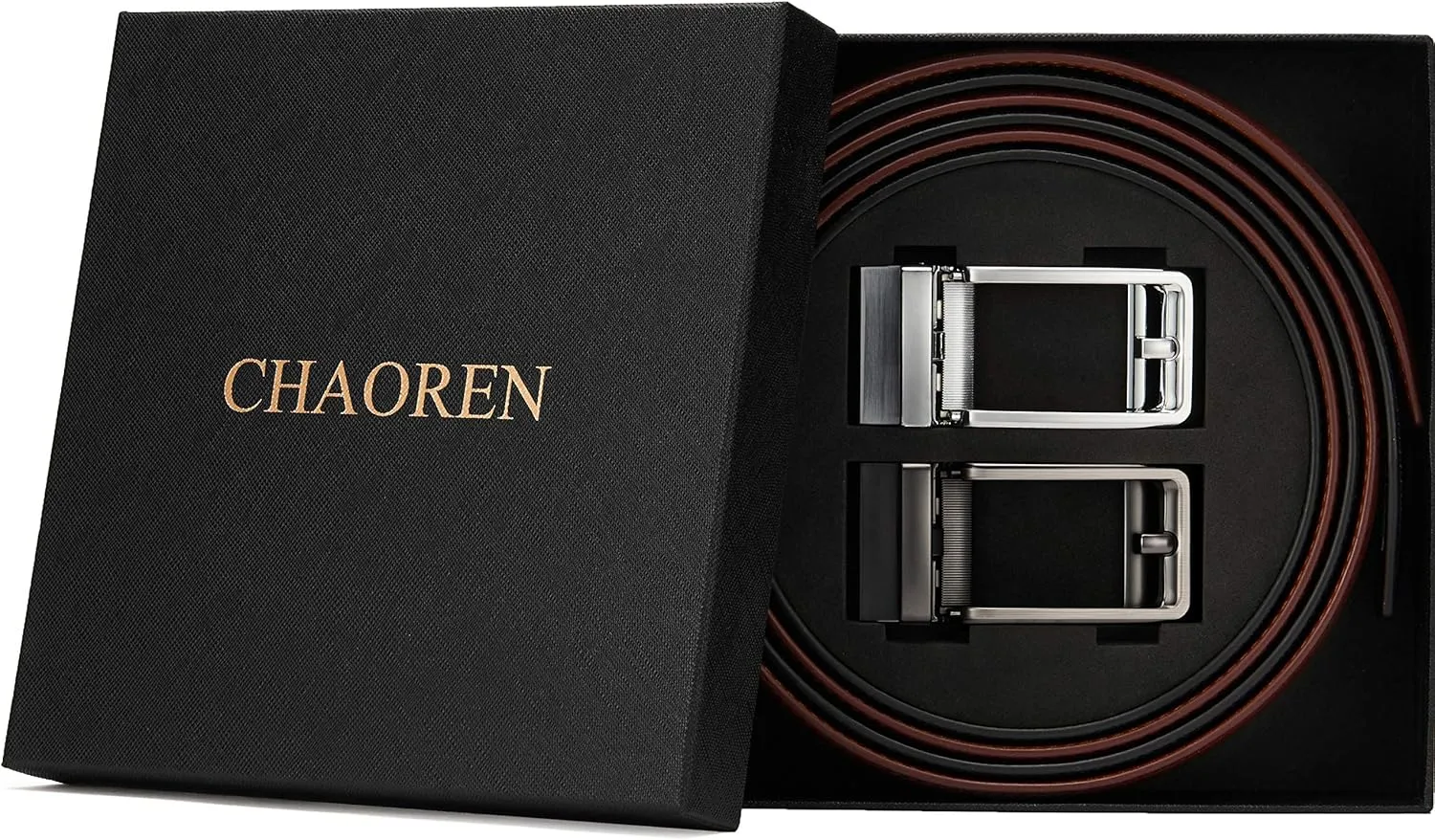 CHAOREN Click Belts for Men 2 Pack - Mens Ratchet Leather Belt 1 3/8" for Dress and Casual - Micro Adjustable Belt Fit
