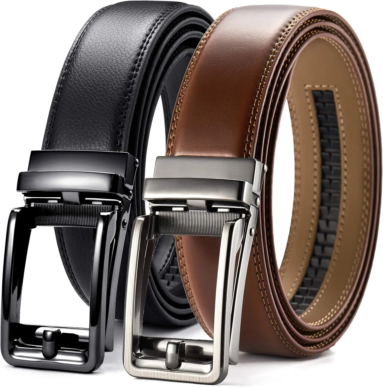 CHAOREN Click Belts for Men 2 Pack - Mens Ratchet Leather Belt 1 3/8" for Dress and Casual - Micro Adjustable Belt Fit