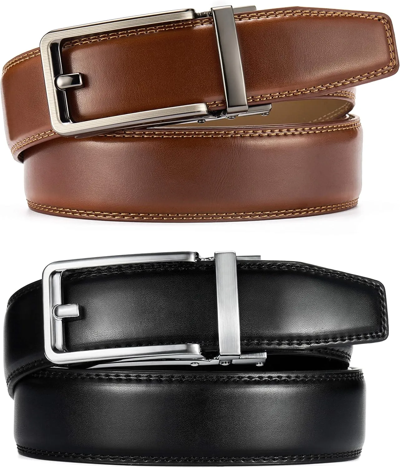 CHAOREN Click Belts for Men 2 Pack - Mens Ratchet Leather Belt 1 3/8" for Dress and Casual - Micro Adjustable Belt Fit