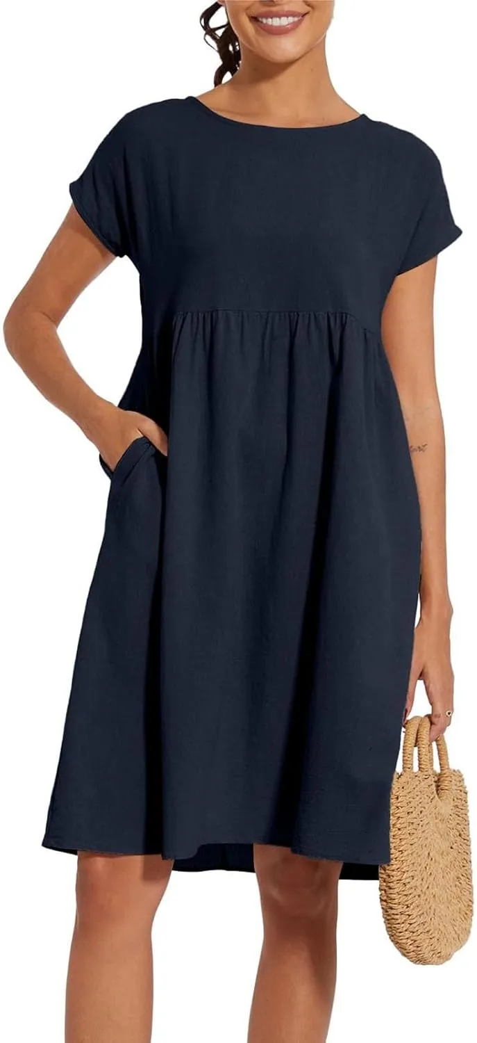 Cotton Dresses for Women 2024 Summer Linen Casual Beach Midi Dress Short Sleeve Loose Flowy Sundress with Pockets
