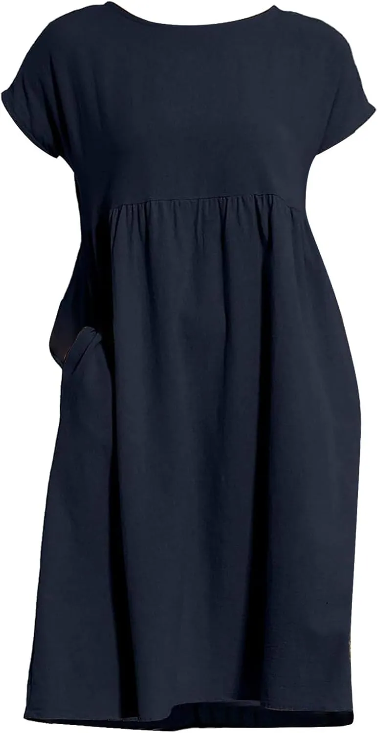 Cotton Dresses for Women 2024 Summer Linen Casual Beach Midi Dress Short Sleeve Loose Flowy Sundress with Pockets