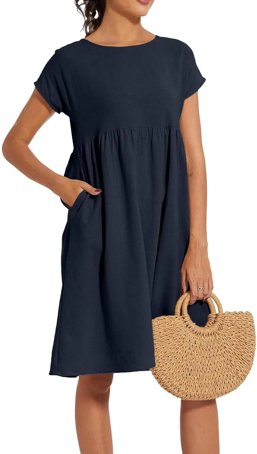 Cotton Dresses for Women 2024 Summer Linen Casual Beach Midi Dress Short Sleeve Loose Flowy Sundress with Pockets