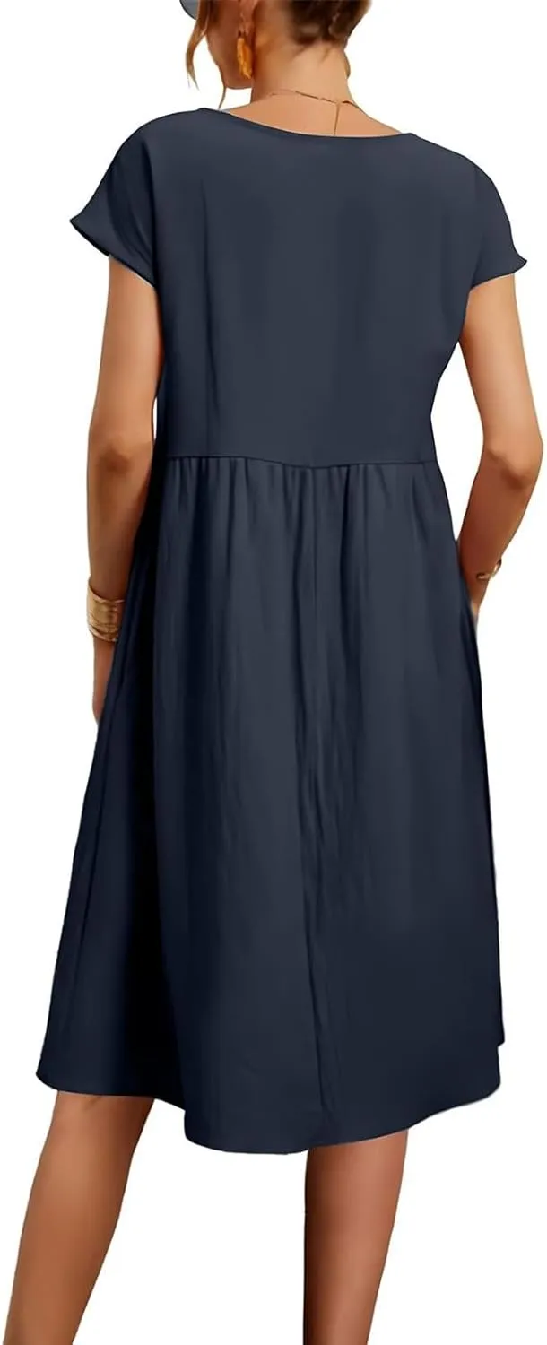Cotton Dresses for Women 2024 Summer Linen Casual Beach Midi Dress Short Sleeve Loose Flowy Sundress with Pockets