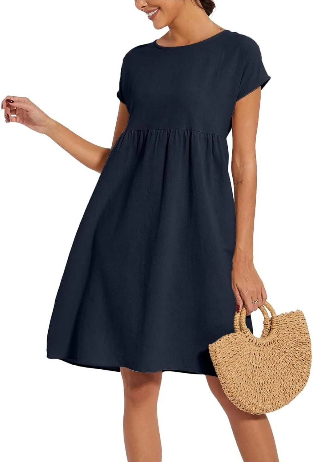 Cotton Dresses for Women 2024 Summer Linen Casual Beach Midi Dress Short Sleeve Loose Flowy Sundress with Pockets