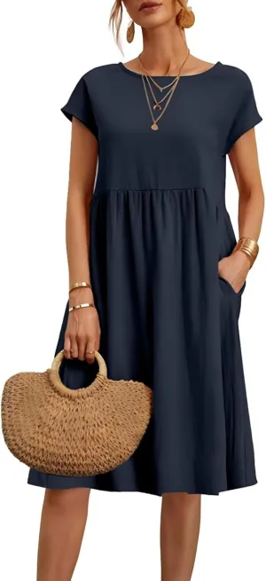 Cotton Dresses for Women 2024 Summer Linen Casual Beach Midi Dress Short Sleeve Loose Flowy Sundress with Pockets