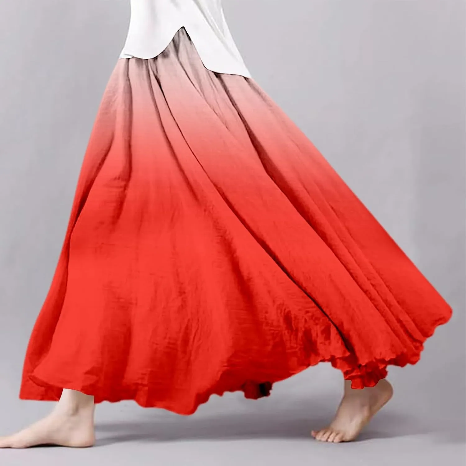 Cotton Linen Skirts for Women Fashion Gradient Ruffled Bohemian Style Flowy Skirts Elastic Waist Long Maxi Skorts Dress