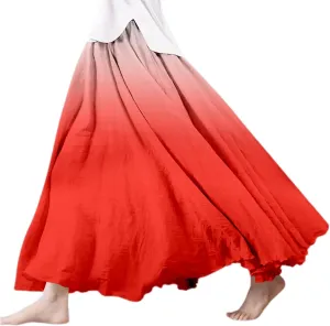 Cotton Linen Skirts for Women Fashion Gradient Ruffled Bohemian Style Flowy Skirts Elastic Waist Long Maxi Skorts Dress