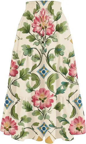 Cotton Skirt for Women Boho High Waist Flowy Maxi Skirt Summer Casual A-Line