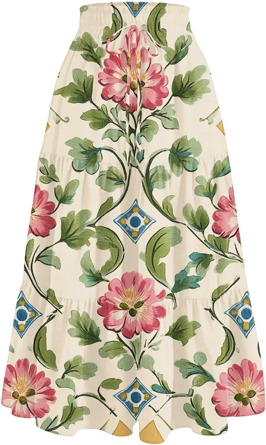 Cotton Skirt for Women Boho High Waist Flowy Maxi Skirt Summer Casual A-Line