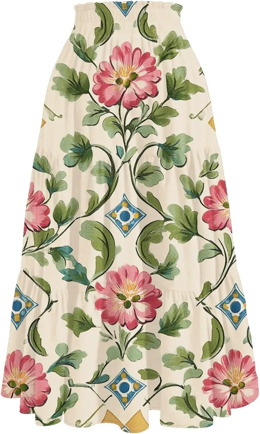 Cotton Skirt for Women Boho High Waist Flowy Maxi Skirt Summer Casual A-Line